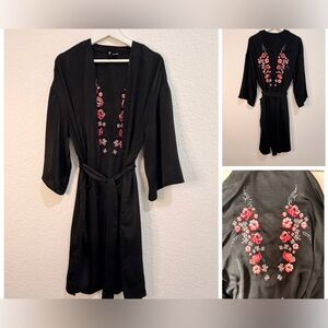 Floral Embroidered Satin Kimono | Belted 3/4 Sleeve Boho Luxe